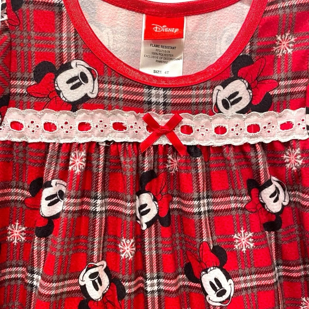 Disney Girls 4T Plaid Minnie Mouse Nightgown Flannel Ruffle Christmas Granny